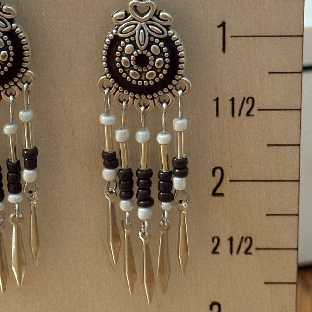 Silver-Tone with Dark Red Beads and Metal Tassel Earrings BRAND NEW - Picture 2 of 4